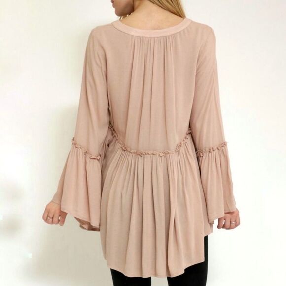 FOREVER 21 Nude Pink Bell Sleeve V-neck Mesh Detail Flowy Ruffle Boho Blouse - Picture 3 of 11